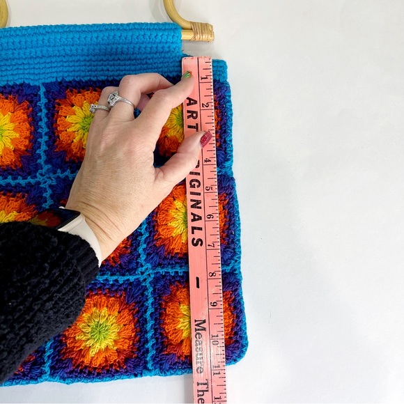 Crochet rainbow granny square bamboo purse turquoise Festival Bag - Picture 5 of 7
